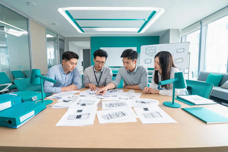 Energy storage engineering team reviewing a project brief
